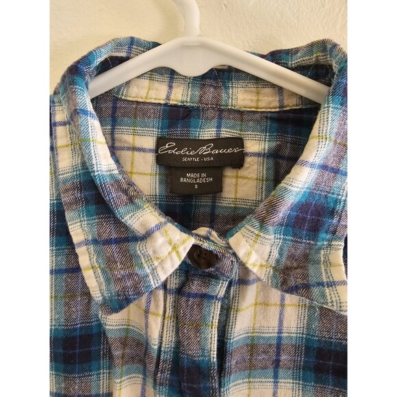 Eddie Bauer Women's Long Sleeve Button Down Plaid Flannel Shirt Size Small Blue - Picture 2 of 7